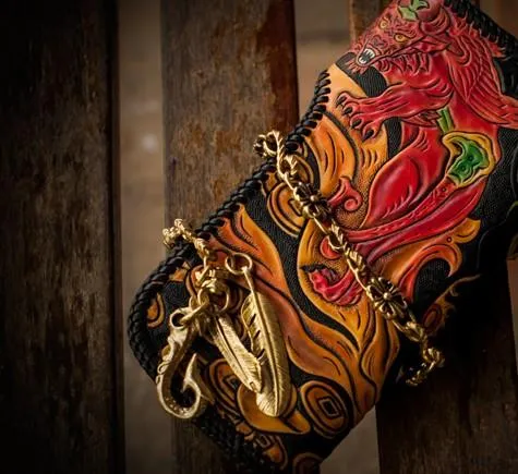 Handmade Leather Monster Mens Chain Biker Wallets Cool Tooled Leather Wallet Long Wallets for Men