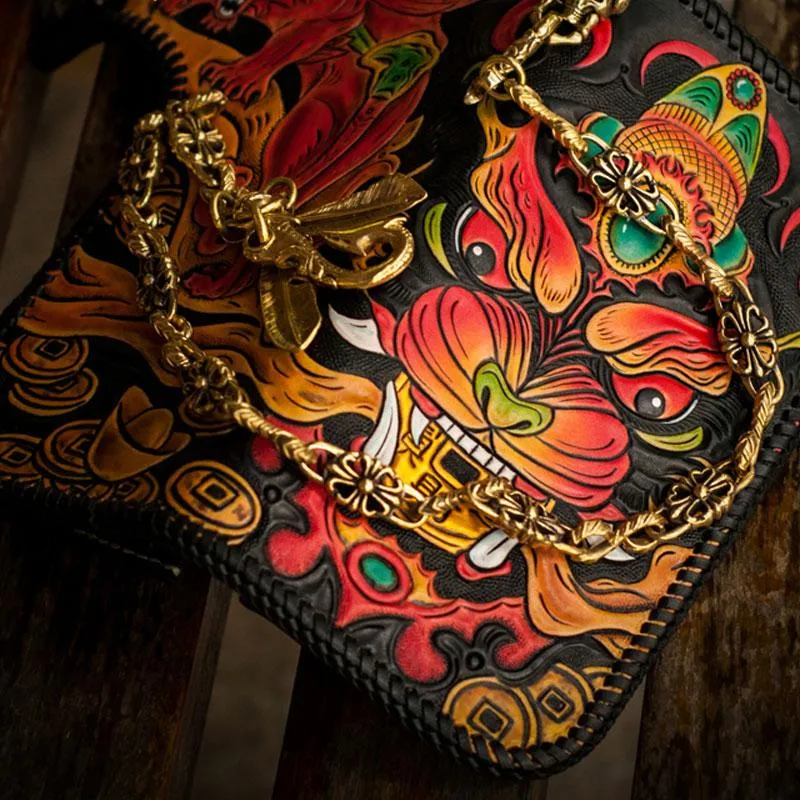 Handmade Leather Monster Mens Chain Biker Wallets Cool Tooled Leather Wallet Long Wallets for Men
