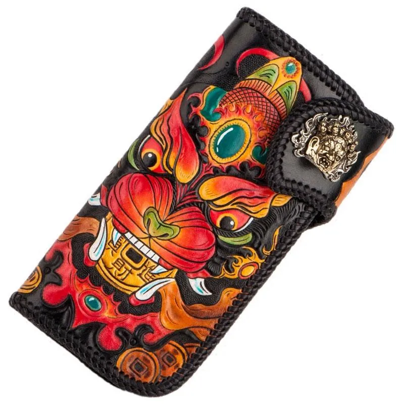 Handmade Leather Monster Mens Chain Biker Wallets Cool Tooled Leather Wallet Long Wallets for Men