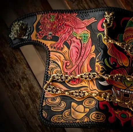 Handmade Leather Monster Mens Chain Biker Wallets Cool Tooled Leather Wallet Long Wallets for Men