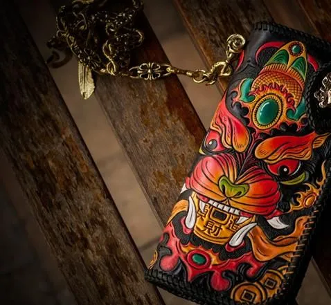 Handmade Leather Monster Mens Chain Biker Wallets Cool Tooled Leather Wallet Long Wallets for Men