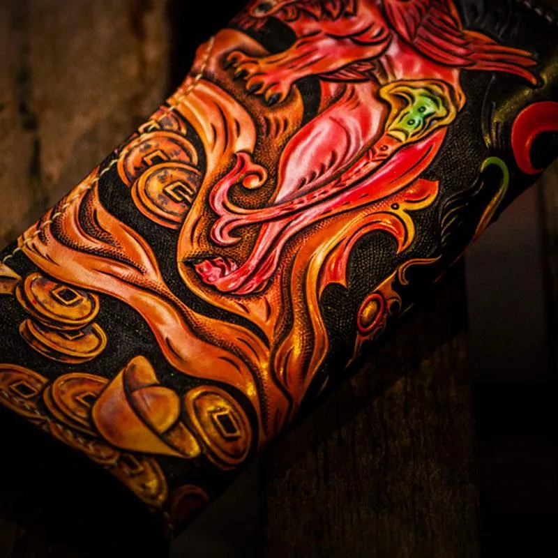 Handmade Leather Monster Mens Chain Biker Wallets Cool Tooled Leather Wallet Long Wallets for Men