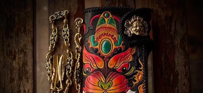 Handmade Leather Monster Mens Chain Biker Wallets Cool Tooled Leather Wallet Long Wallets for Men