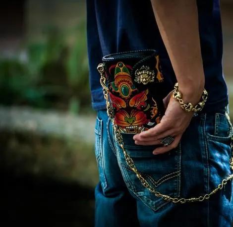 Handmade Leather Monster Mens Chain Biker Wallets Cool Tooled Leather Wallet Long Wallets for Men