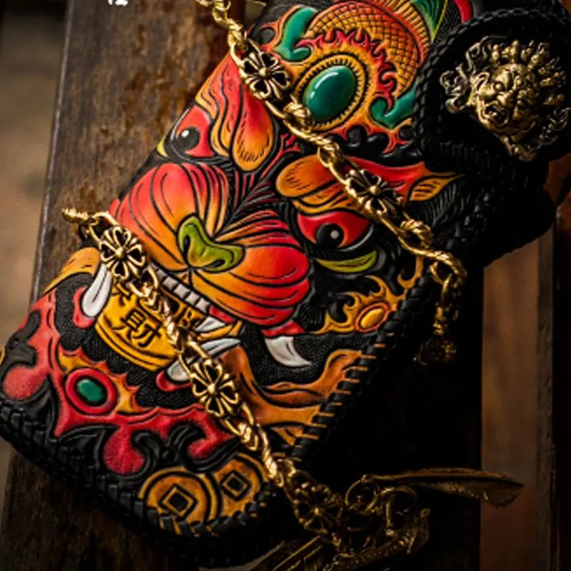 Handmade Leather Monster Mens Chain Biker Wallets Cool Tooled Leather Wallet Long Wallets for Men