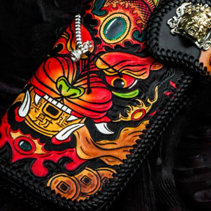 Handmade Leather Monster Mens Chain Biker Wallets Cool Tooled Leather Wallet Long Wallets for Men
