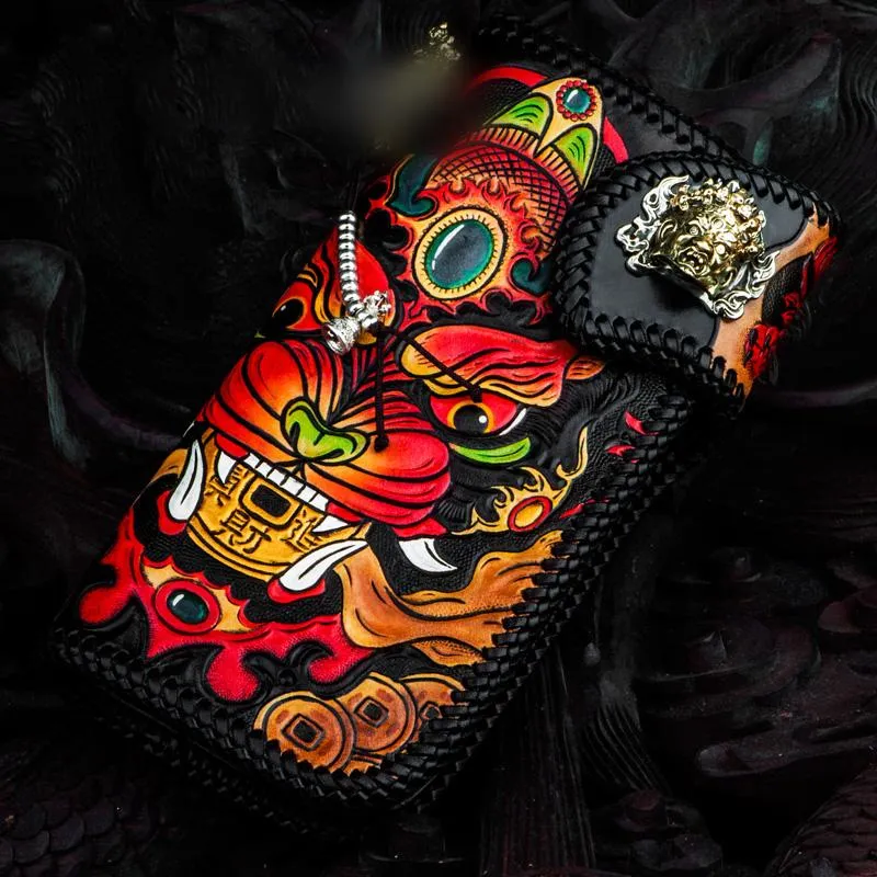 Handmade Leather Monster Mens Chain Biker Wallets Cool Tooled Leather Wallet Long Wallets for Men