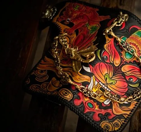 Handmade Leather Monster Mens Chain Biker Wallets Cool Tooled Leather Wallet Long Wallets for Men