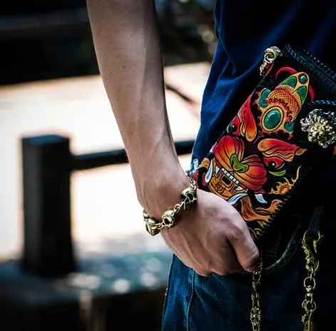 Handmade Leather Monster Mens Chain Biker Wallets Cool Tooled Leather Wallet Long Wallets for Men