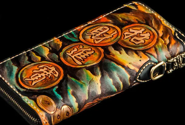 Handmade leather mythical wild animal biker wallet long wallet black leather men phone