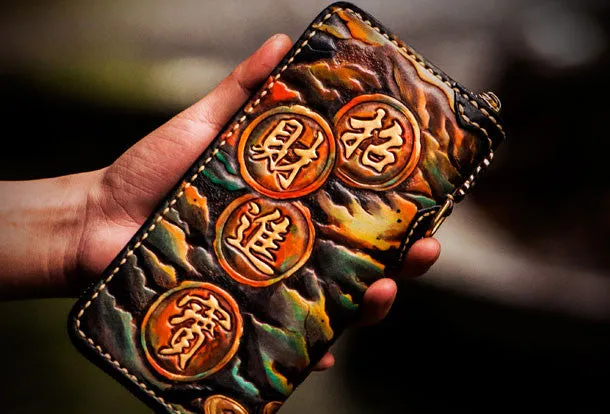 Handmade leather mythical wild animal biker wallet long wallet black leather men phone