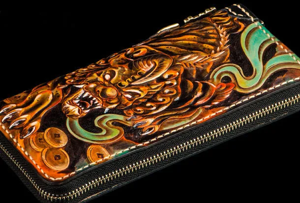 Handmade leather mythical wild animal biker wallet long wallet black leather men phone