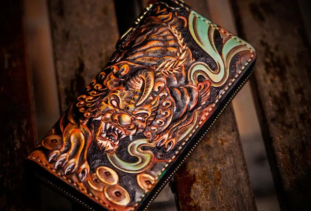 Handmade leather mythical wild animal biker wallet long wallet black leather men phone