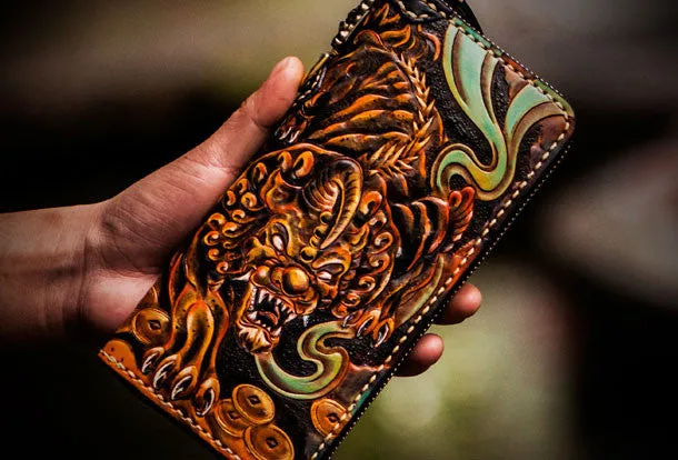 Handmade leather mythical wild animal biker wallet long wallet black leather men phone