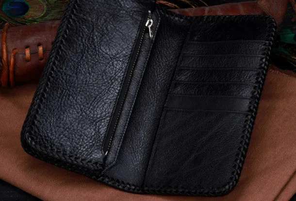 Handmade leather Pearl fish crocodile skin long biker trucker wallet leather clutch men Black Tooled wallet
