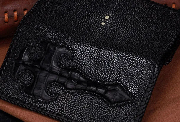 Handmade leather Pearl fish crocodile skin long biker trucker wallet leather clutch men Black Tooled wallet