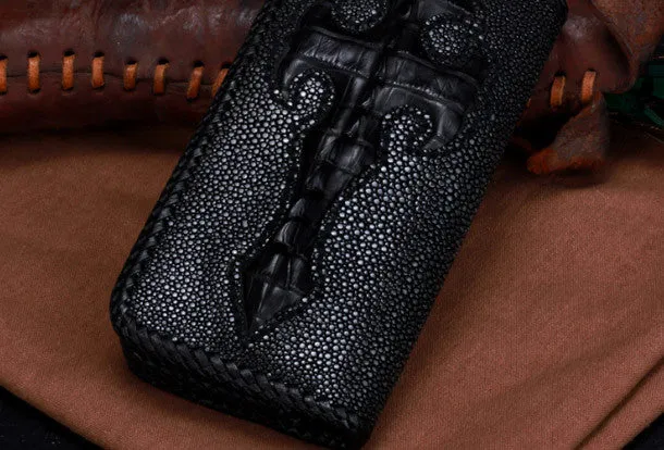 Handmade leather Pearl fish crocodile skin long biker trucker wallet leather clutch men Black Tooled wallet