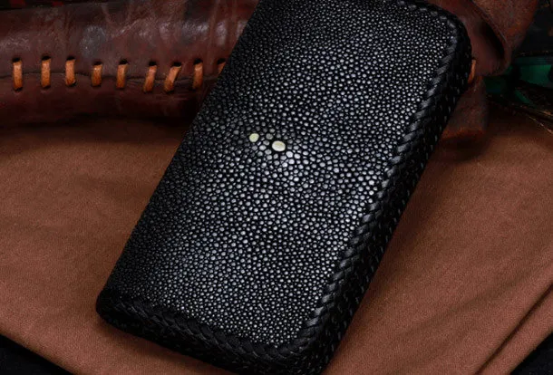 Handmade leather Pearl fish crocodile skin long biker trucker wallet leather clutch men Black Tooled wallet
