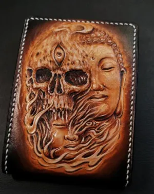 Handmade Leather Skull and Buddha Tooled Mens billfold Wallet Cool Leather Card Wallet Slim Wallet for Men