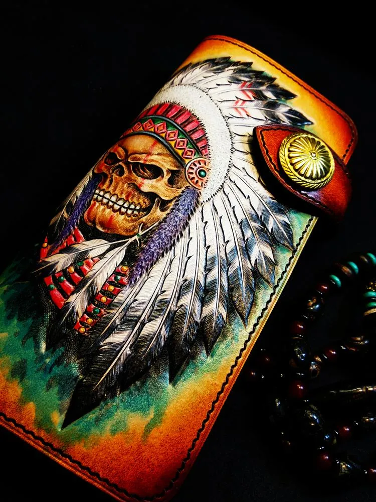 Handmade Leather Skull Indian Mens Chain Wallet Biker Wallet Cool Leather Wallet Long Tooled Wallets for Men