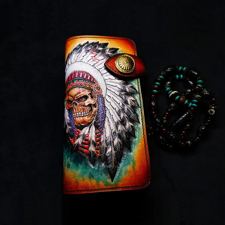 Handmade Leather Skull Indian Mens Chain Wallet Biker Wallet Cool Leather Wallet Long Tooled Wallets for Men