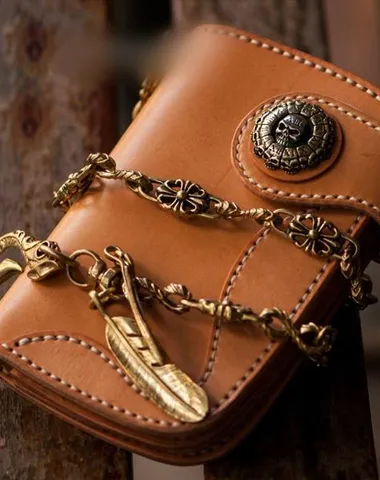 Handmade Leather Small Mens Chain Biker Wallet Cool Leather Wallet With billfold Chain Wallets for Men