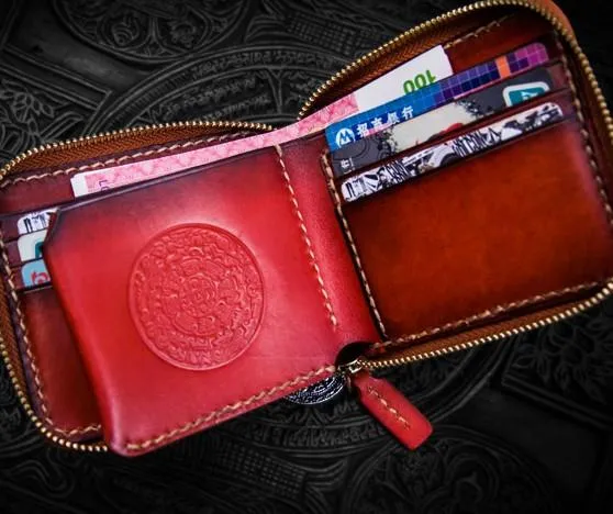 Handmade Leather Small Tibetan Tooled Mens billfold Wallet Cool Chain Wallet Biker Wallet for Men