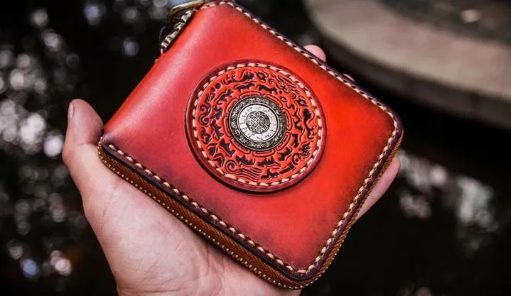 Handmade Leather Small Tibetan Tooled Mens billfold Wallet Cool Chain Wallet Biker Wallet for Men