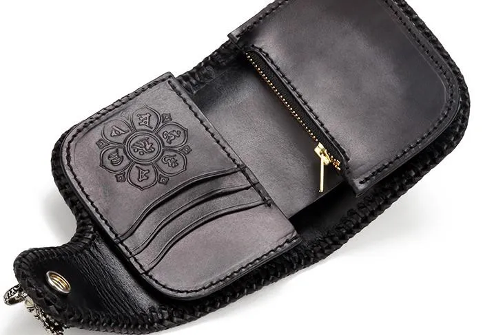 Handmade Leather Small Tooled Mens billfold Wallet Cool Chain Wallet Biker Wallet for Men