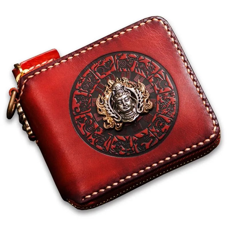 Handmade Leather Small Tooled Mens billfold Wallet Cool Chain Wallet Biker Wallets for Men