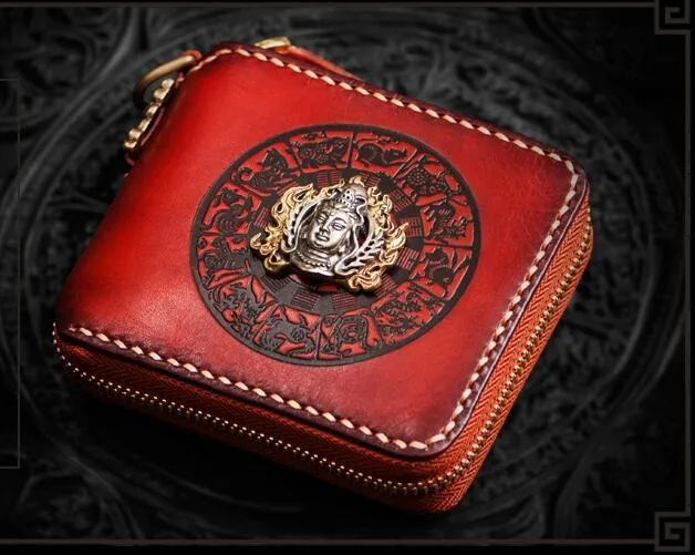 Handmade Leather Small Tooled Mens billfold Wallet Cool Chain Wallet Biker Wallets for Men