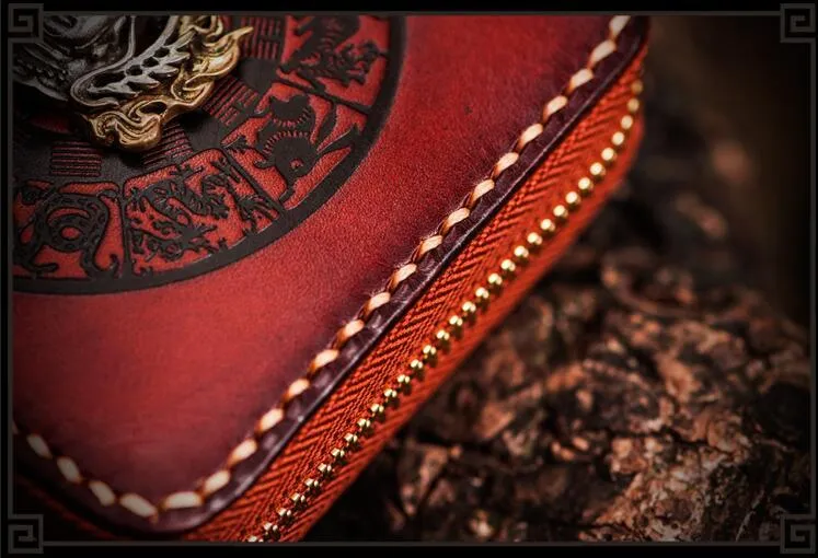 Handmade Leather Small Tooled Mens billfold Wallet Cool Chain Wallet Biker Wallets for Men