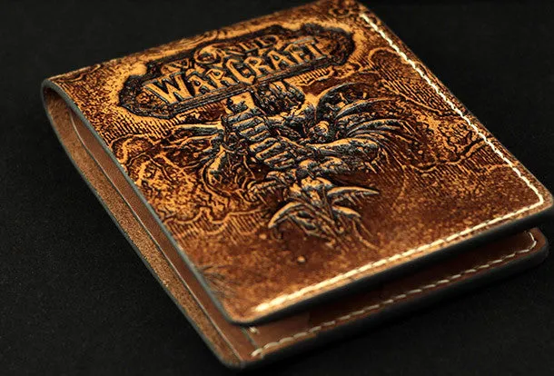 Handmade leather Small wallet custom WOW lich king Arthas carved leather billfold wallets for men