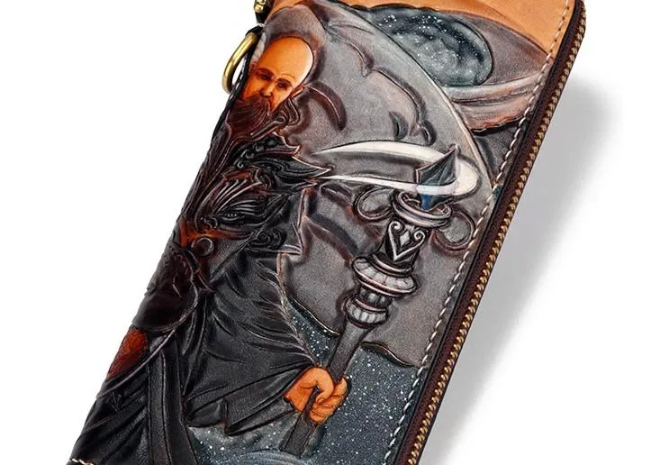 Handmade Leather Taming Dragon Mage Mens Chain Biker Wallet Cool Leather Wallet With Chain Wallets for Men