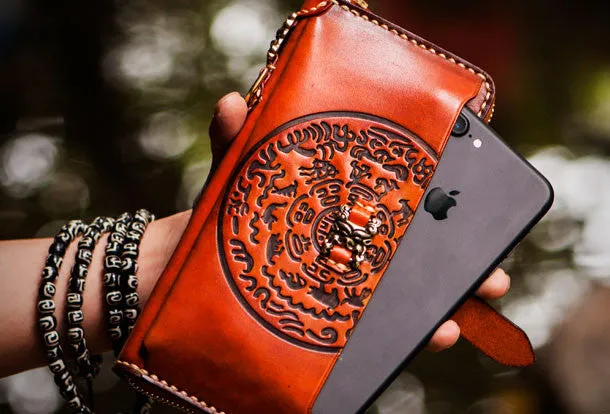 Handmade leather Tibet zipper biker wallet long wallet black leather men phone