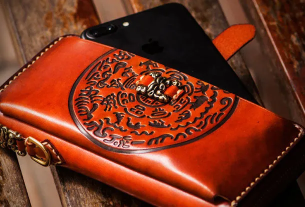 Handmade leather Tibet zipper biker wallet long wallet black leather men phone