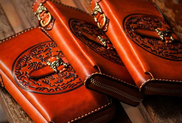 Handmade leather Tibet zipper biker wallet long wallet black leather men phone