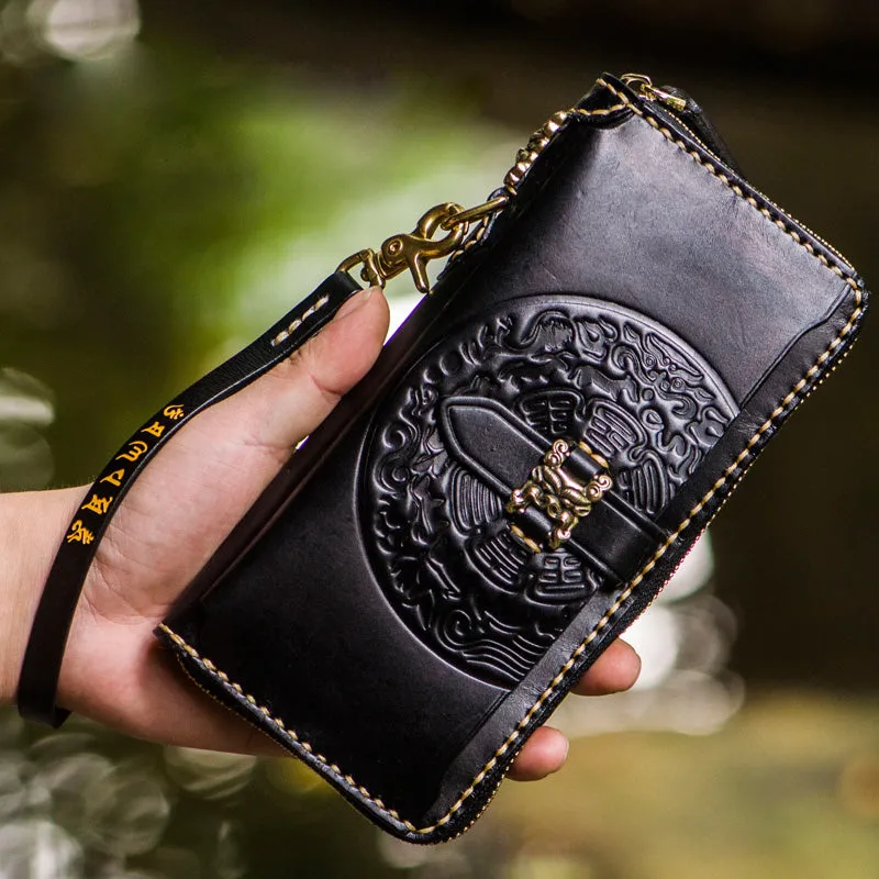 Handmade leather Tibet zipper biker wallet long wallet black leather men phone