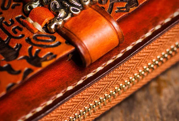 Handmade leather Tibet zipper biker wallet long wallet black leather men phone