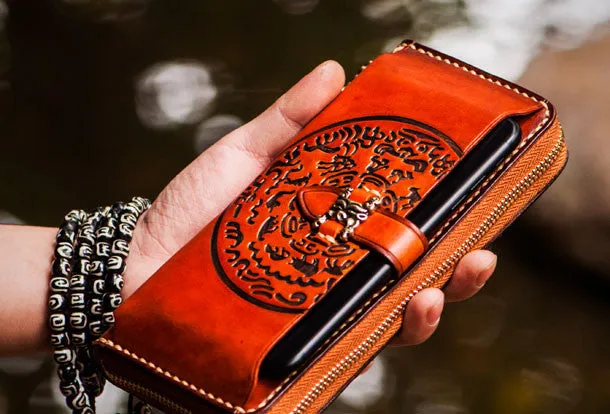 Handmade leather Tibet zipper biker wallet long wallet black leather men phone