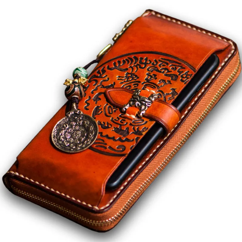 Handmade leather Tibet zipper biker wallet long wallet black leather men phone