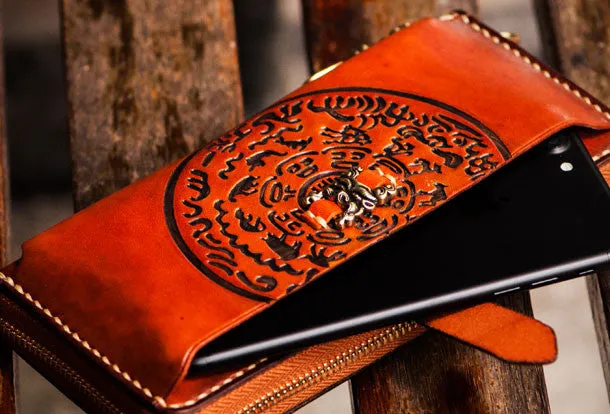 Handmade leather Tibet zipper biker wallet long wallet black leather men phone