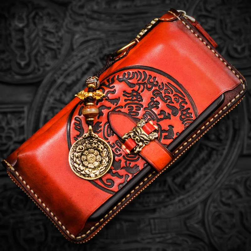 Handmade leather Tibet zipper biker wallet long wallet black leather men phone