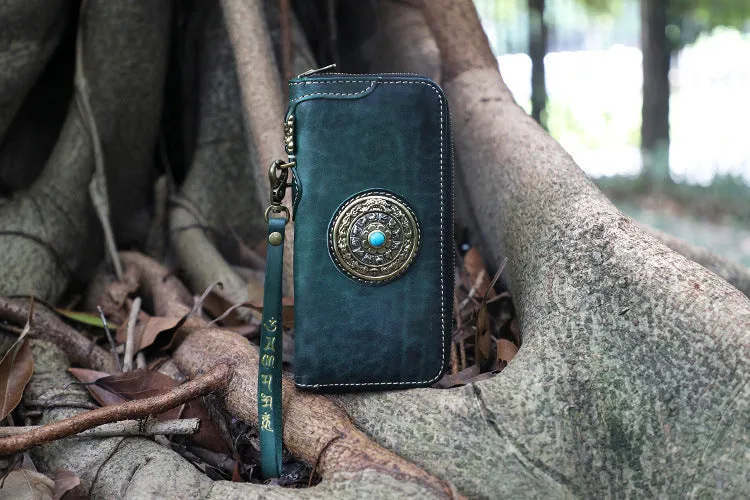 Handmade Leather Tibetan Long Biker Wallet Cool Zipper Clutch Wristlet Wallet for Men