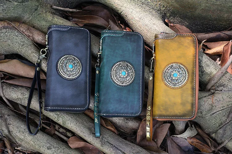 Handmade Leather Tibetan Long Biker Wallet Cool Zipper Clutch Wristlet Wallet for Men
