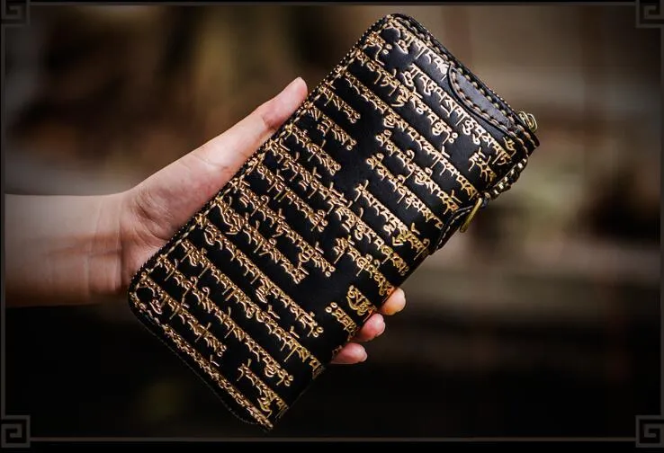 Handmade Leather Tibetan Mens Biker Chain Wallet Cool Leather Wallet Long Clutch Wallets for Men