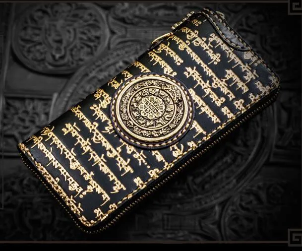 Handmade Leather Tibetan Mens Biker Chain Wallet Cool Leather Wallet Long Clutch Wallets for Men