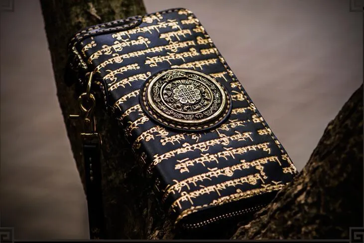 Handmade Leather Tibetan Mens Biker Chain Wallet Cool Leather Wallet Long Clutch Wallets for Men
