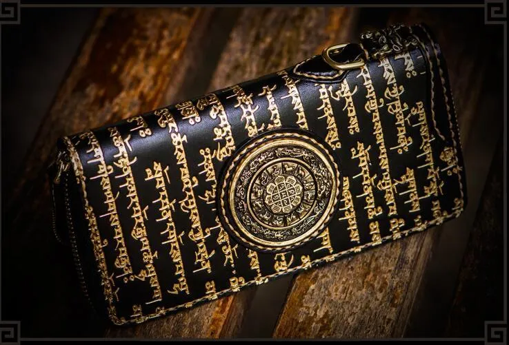 Handmade Leather Tibetan Mens Biker Chain Wallet Cool Leather Wallet Long Clutch Wallets for Men