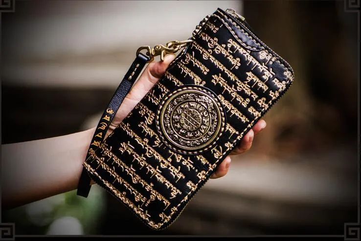 Handmade Leather Tibetan Mens Biker Chain Wallet Cool Leather Wallet Long Clutch Wallets for Men